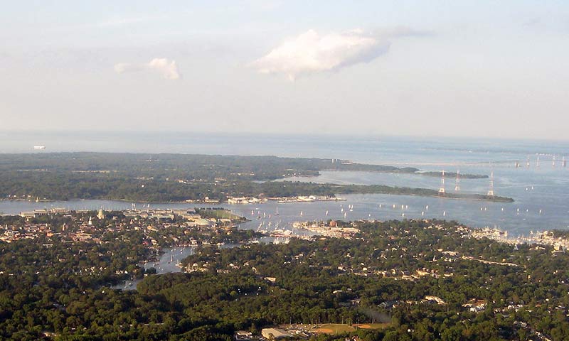 annapolis view featuring endless green forests and the sea