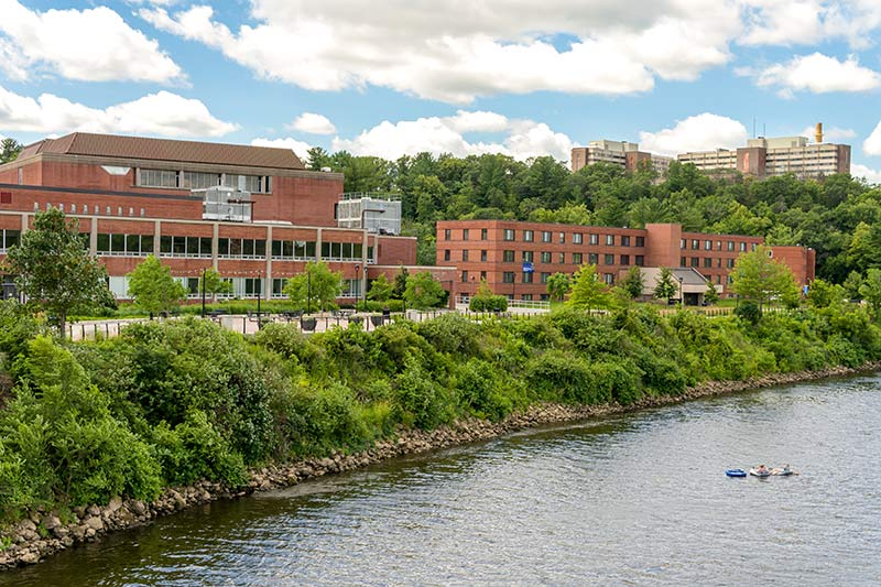 a beautiful view of campus vista and eau claire river in eau clarie, wisconsin