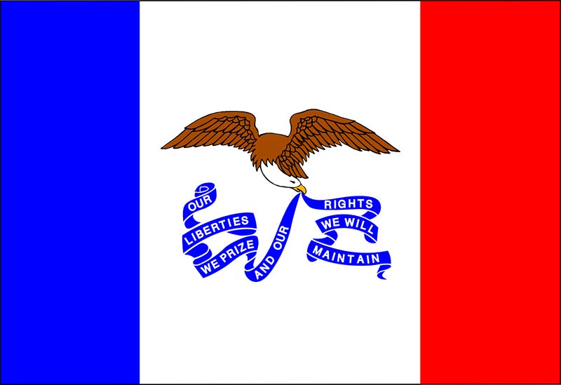 iowa flag in three colors including blue white and red featuring an eagle