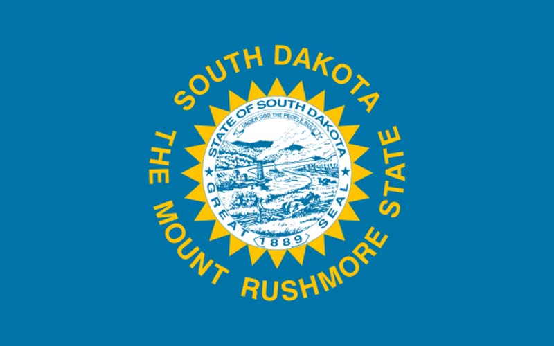 light blue south dakota flag featuring the state's yellow badge in the center of it