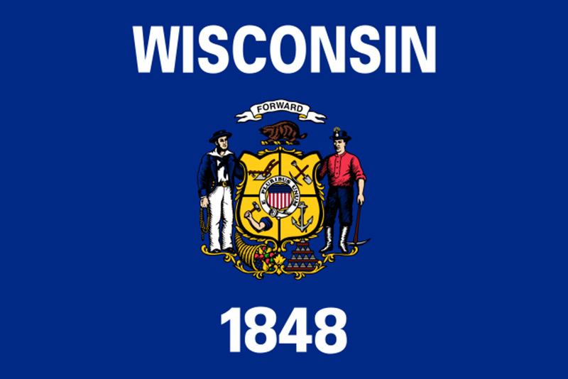 wisconsing flag featuring two men, a slogan "forward" and the foundation year "1848