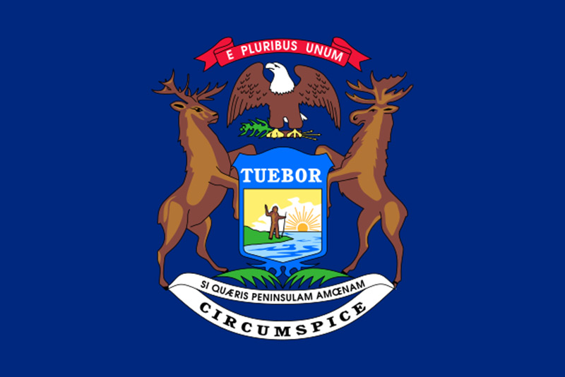 a blue michigan flag featuring two dears and an eagle